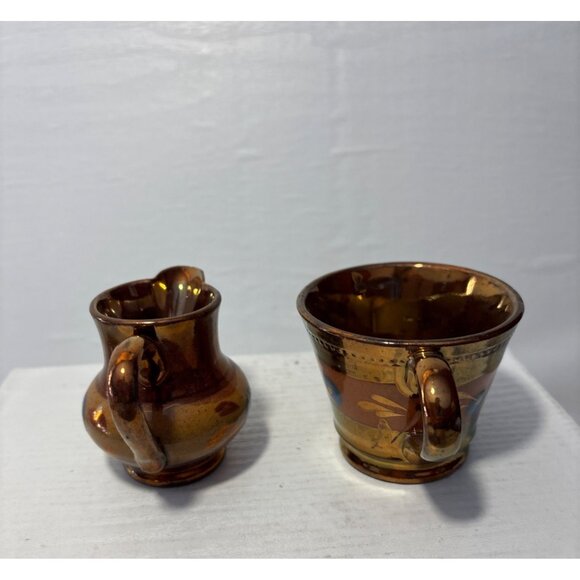 Copper Lusterware Creamer & Sugar Set With Blue Accents Vintage - Picture 4 of 8